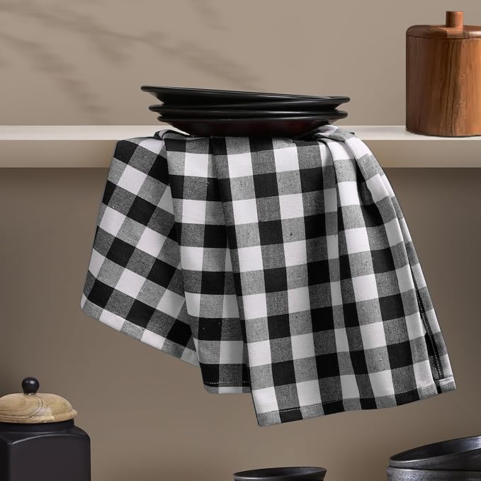 Black Gingham Kitchen Towels, 18x26 Inches, Soft, Absorbent, Durable, Quick Drying, 100% Cotton, Washable & Reusable, Premium Check Towels for Drying Dishes, Drying Hands, and Cleaning