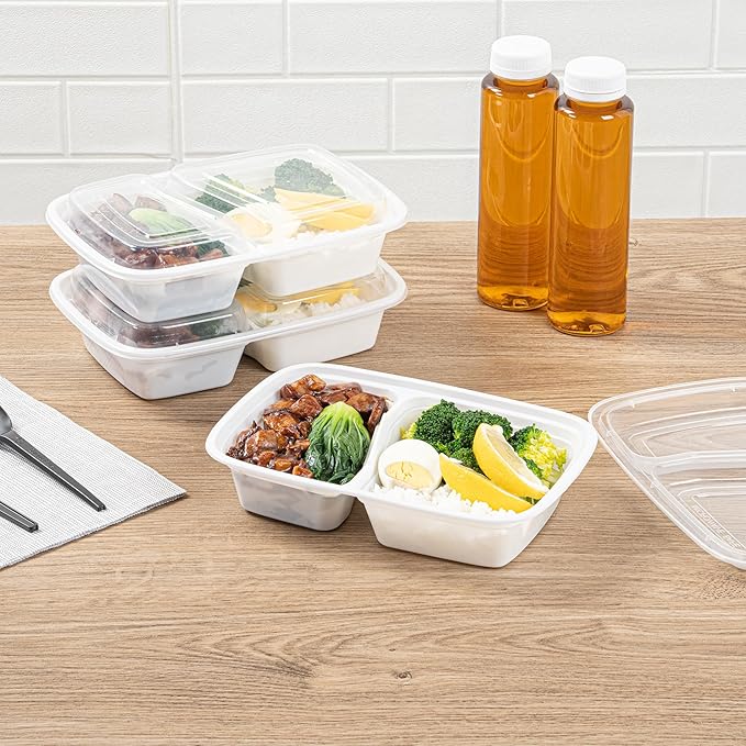 Restaurantware Asporto 32 Ounce Compartment Take Out Boxes, 50 Microwavable Meal Prep Containers - 2 Compartments, With Clear Plastic Lids, White Plastic Food Containers, Do Not Contain BPA