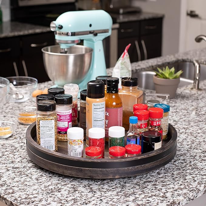 BIRDROCK HOME Wooden Lazy Susan Turntable - Spice Rack Organizer for Kitchen Table, Dining, Pantry and Countertop - Rotating Tray for Condiments - with Burnished Iron Accents - 18" Large, Black
