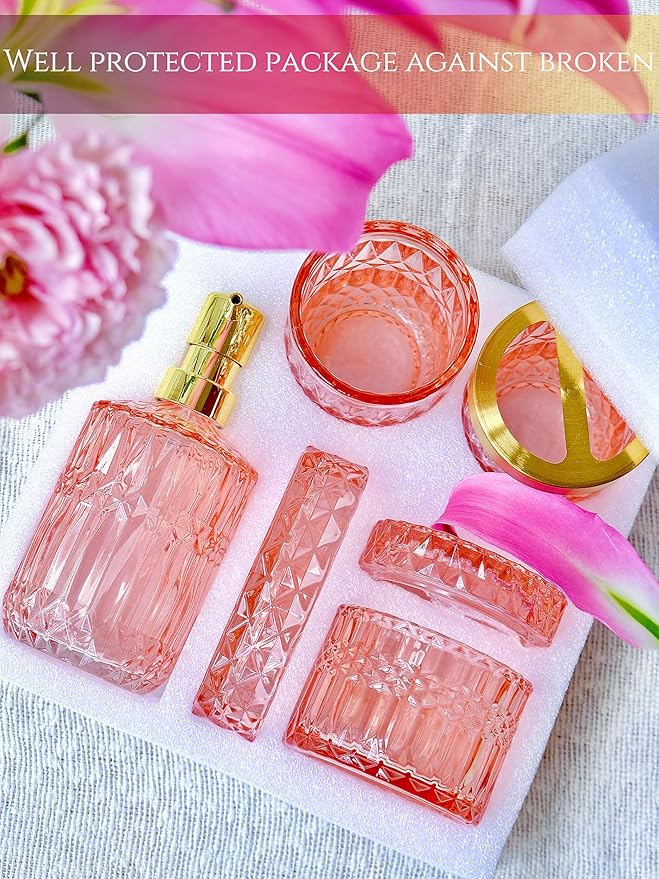 5pcs Clear Glass Bathroom Accessories Set, Crystal Pink Bath Decor with Soap Dispenser, Toothbrush Holder Set, Soap Dish, Tumbler, Qtips Holder, Modern Decor for Bathroom, Vintage Gift Set