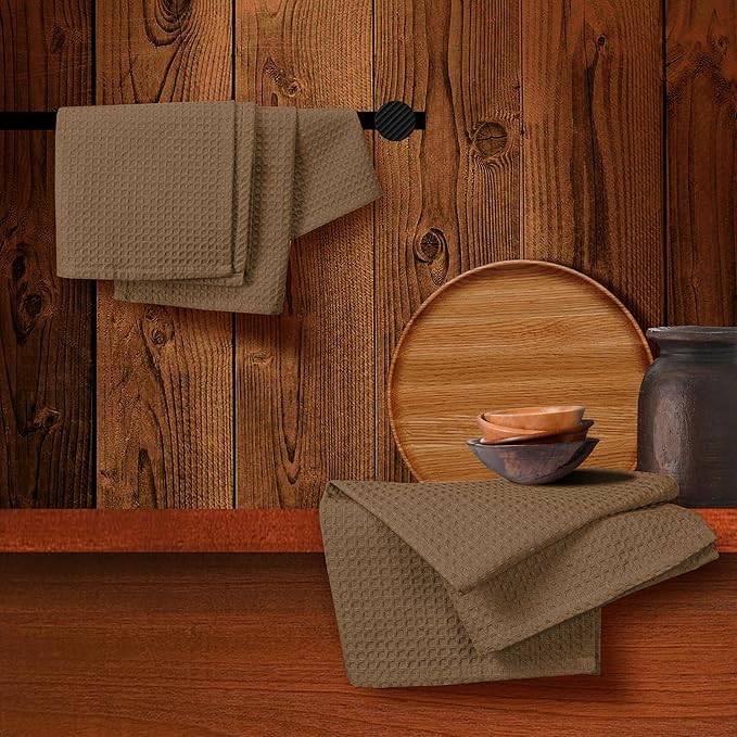 Brown Waffle Kitchen Towels, 16x26 Inch, Durable, Soft, Absorbent, Quick Drying, 100% Cotton, Reusable, Machine Washable, Ideal for Cleaning, Multipurpose Towels, Set of 4