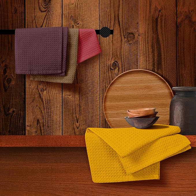 Multicolor Waffle Kitchen Towels, 16"x26", Soft, Absorbent, Durable, Quick Drying, Reusable, 100% Cotton, Ideal for Kitchen Cleaning, Drying Dishes, Set of 4, Brown, Maroon, Red, Yellow