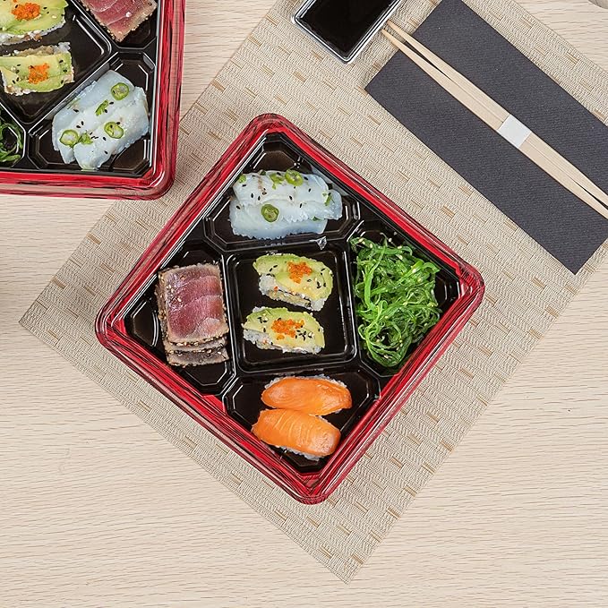 Restaurantware Bento Tek 18.6 Ounce Meal Prep Containers, 100 Disposable To Go Food Boxes - Lids Sold Separately, 5 Compartments, Red And Black Plastic Bento Lunch Boxes, Freezable, For Take Out
