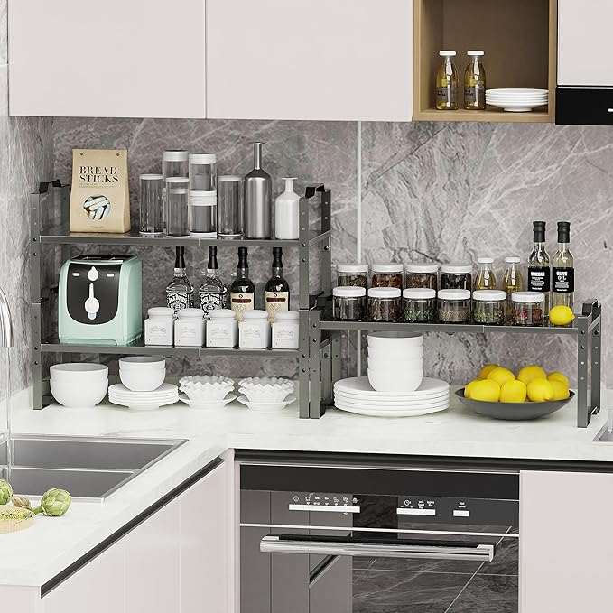 Expandable Shelf for Cabinet Organizer Adjustable Stackable Spice Rack at Kitchen and Bathroom More, Counter Countertop Cupboard Organization Pantry Storage (2 Packs/Gun-Grey, Medium)