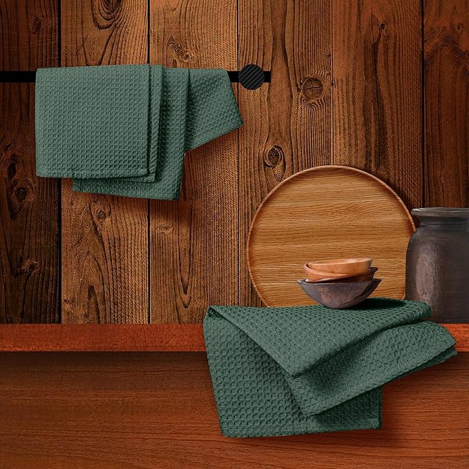 Olive Green Waffle Kitchen Towels, 16"x26", Durable, Soft, Absorbent, 100% Cotton, Fast Drying, Reusable, Machine Washable, Ideal for Cleaning, Multipurpose Towels, 4 Pack
