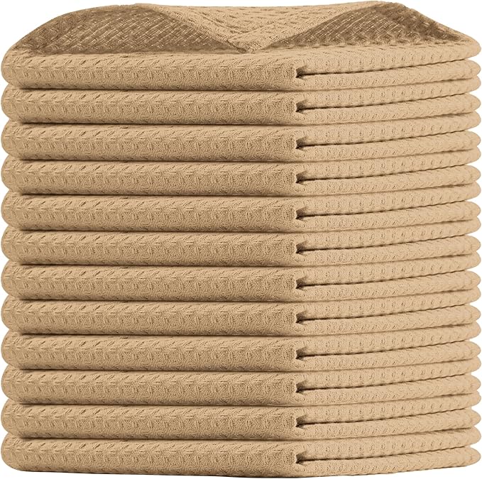 Beige Waffle Dishcloths, 12x12 Inch, Soft, Durable, 100% Cotton, Quick Drying, Reusable, Absorbent, Machine Washable, Multipurpose Towels, Everyday Use, Set of 12