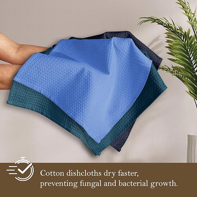 Waffle Dishcloths, 12x12 Inch, Soft, Absorbent, Durable, Quick Drying, Reusable, Machine Washable, 100% Cotton, Ideal for Drying Dishes, Multipurpose Use, 12 Pack, Navy,Teal, Sky Blue