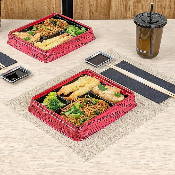Restaurantware Bento Tek 15.2 Ounce Meal Prep Containers, 100 Disposable To Go Food Boxes - Lids Sold Separately, 4 Compartments, Red And Black Plastic Bento Lunch Boxes, Freezable, For Take Out