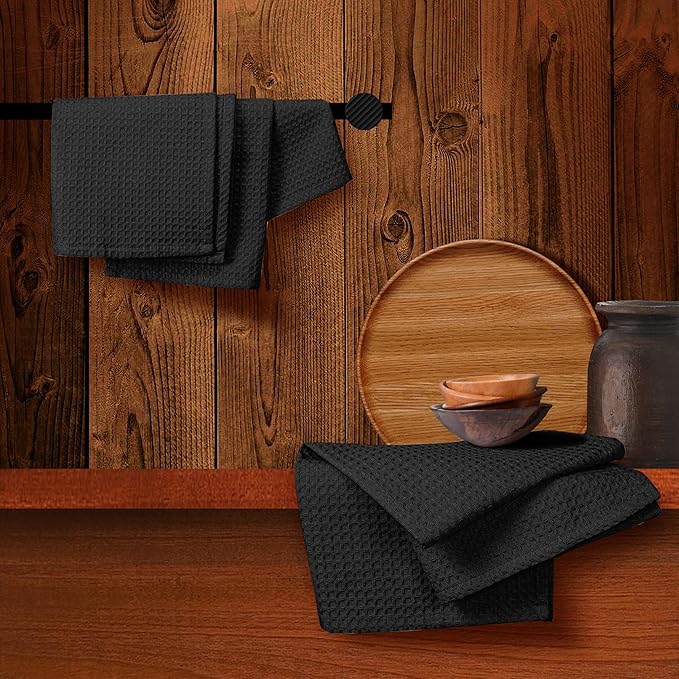 Black Waffle Kitchen Towels, 16x26 Inches, Absorbent, Soft, and Durable, Quick Drying, Reusable, Machine Washable, 100% Cotton, Perfect for Cleaning, Multipurpose Dish Towels, Set of 4