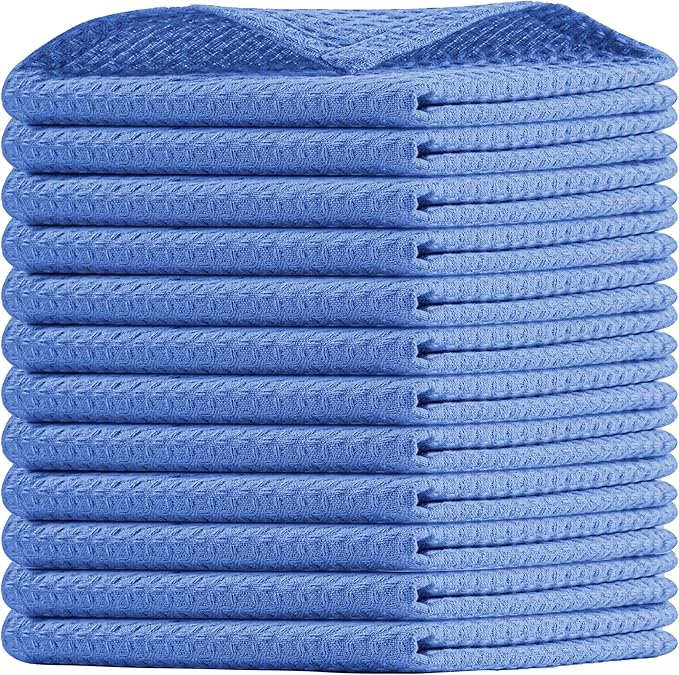 Sky Blue Waffle Dishcloths, 12x12 Inch, Absorbent, Durable, 100% Cotton, Soft, Quick Drying, Machine Washable, Perfect for Drying Dishes, Multipurpose Towels, Everyday Use, 12 Pack