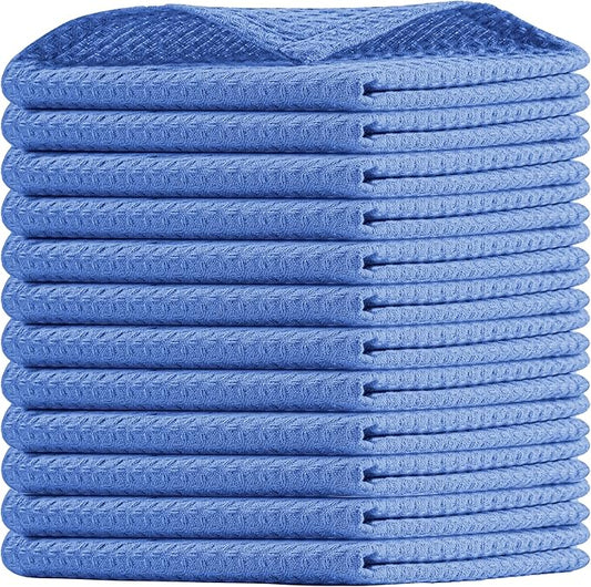 Sky Blue Waffle Dishcloths, 12x12 Inch, Absorbent, Durable, 100% Cotton, Soft, Quick Drying, Machine Washable, Perfect for Drying Dishes, Multipurpose Towels, Everyday Use, 12 Pack