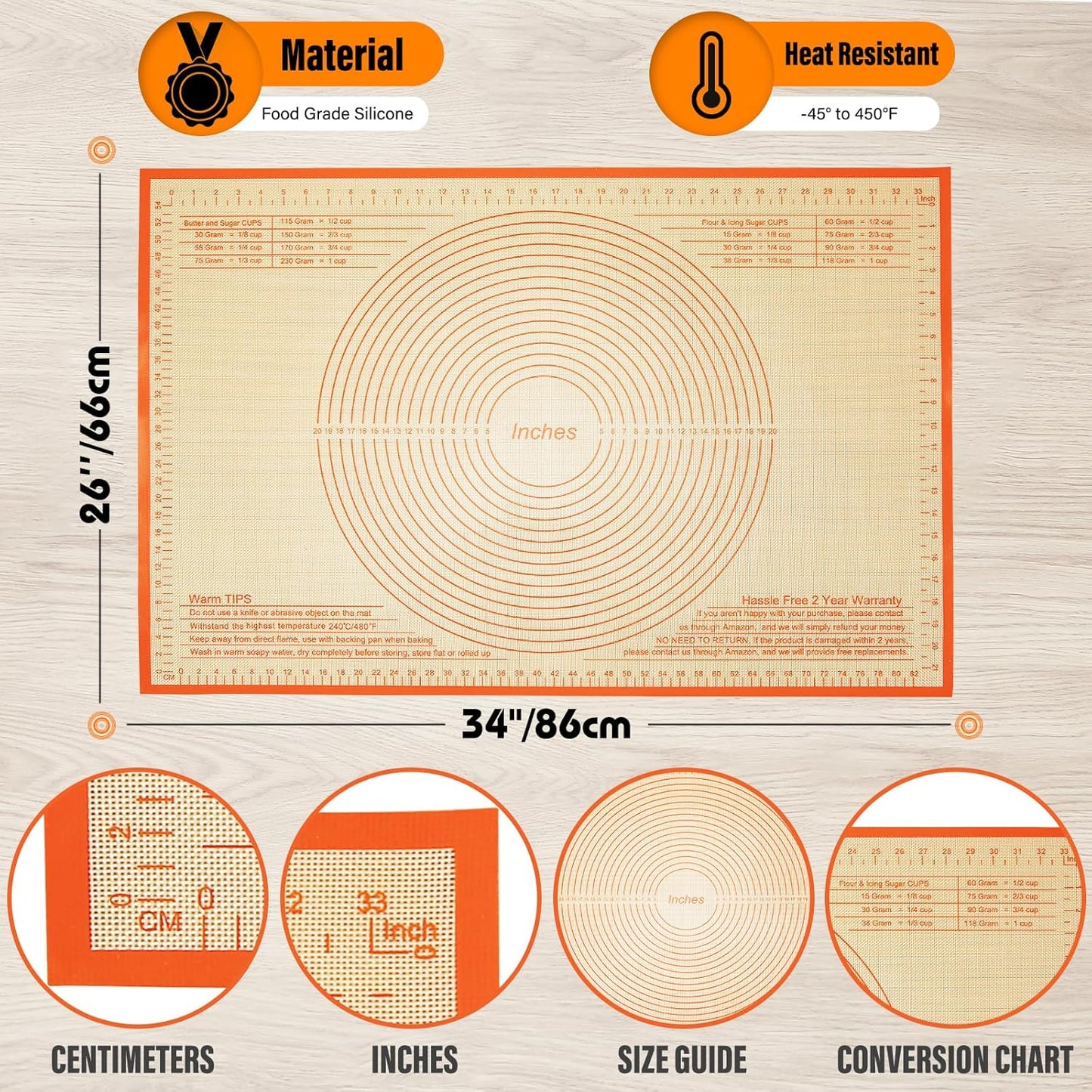Silicone Pastry Mat 34x26 Inch - Nonstick Baking Mat Perfect for Dough, Pastry, Pie Crust, Fondant, Pasta/Pizza, Kitchen Counter