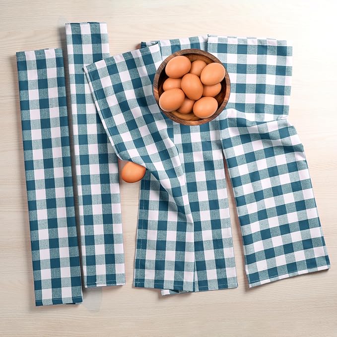Teal Gingham Kitchen Towels, 18x26 Inches, Soft, Durable, Absorbent, Quick Drying, Washable, 100% Cotton, Checked Towels for Drying Dishes, Drying Hands, and Cleaning