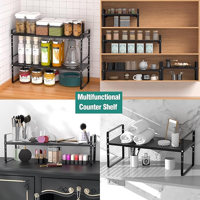 Expandable Metal Shelf, 4-Tier Heavy Duty Kitchen Counter Shelf Organizer, Adjustable Shelf for Cabinet, Pantry, Countertop, 80lbs Capacity