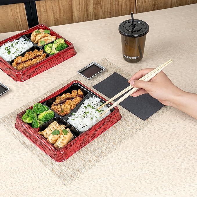 Restaurantware-Bento Tek 18.6 Ounce Meal Prep Containers, 50 Disposable To Go Food Boxes - Lids Sold Separately, 4 Compartments, Red And Black Plastic Bento Lunch Boxes, Freezable, For Take Out