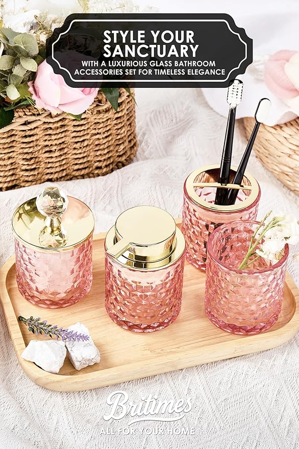 Pink Bathroom Accessories, 4Pcs Pink Bathroom Accessory Set Complete, Toothbrush Holder Set, Soap Dispenser, Qtip Holder, Tumbler, Perfect for Bathroom Decor and Vanit