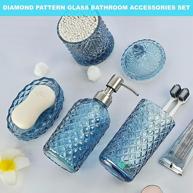 Blue Bathroom Accessories Set, 4Pcs Clear Glass Bathroom Accessory Set, Lotion Soap Dispenser, Toothbrush Holder Set, Soap Dish, Qtip Holder for Vintage Crystal Bath Decor, Light Blue
