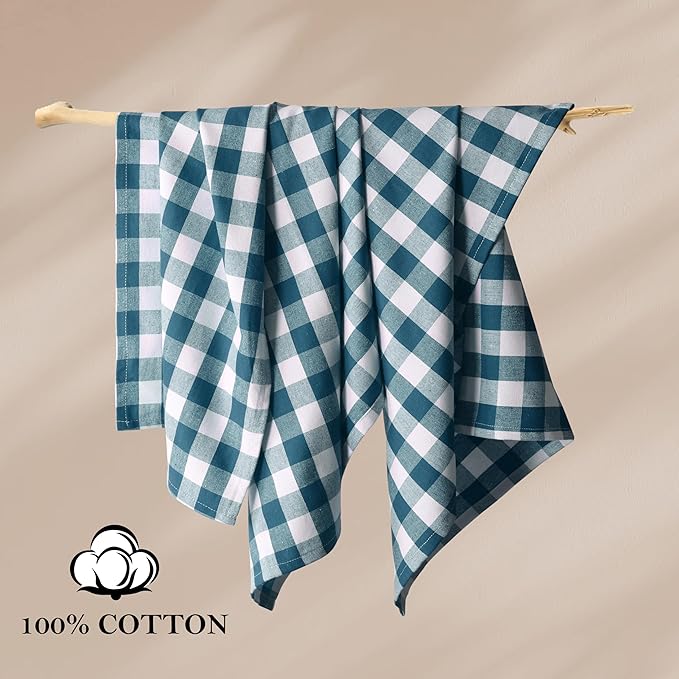 Teal Gingham Kitchen Towels, 18x26 Inches, Soft, Durable, Absorbent, Quick Drying, Washable, 100% Cotton, Checked Towels for Drying Dishes, Drying Hands, and Cleaning