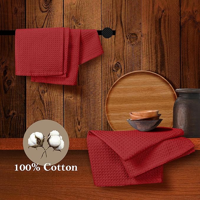Red Waffle Dishcloths, 12x12 Inch, Absorbent, Soft, 100% Cotton, Quick Drying and Reusable, Machine Washable, Perfect for Kitchen Cleaning, Multipurpose Towel for Everyday Use, 12 Pack