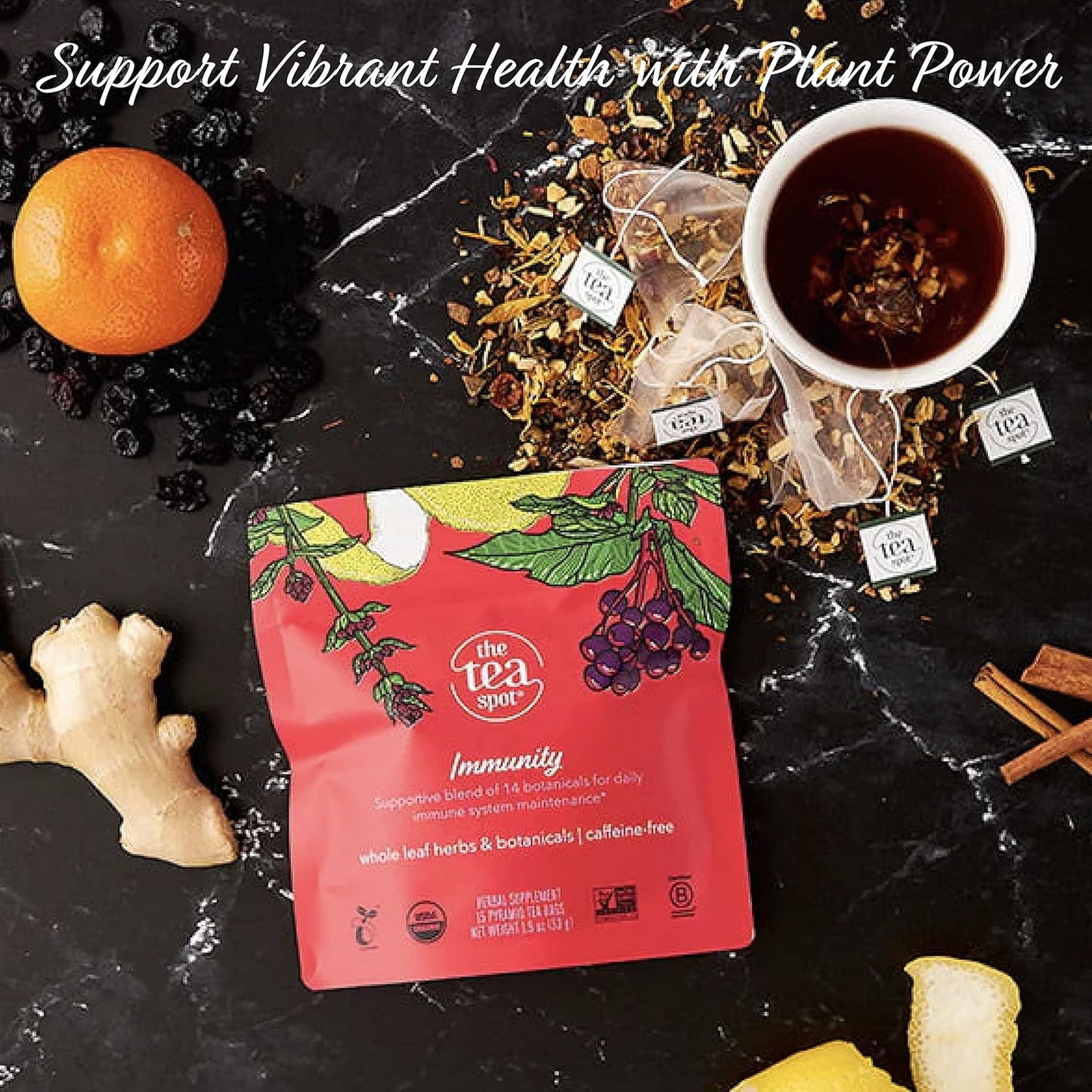 The Tea Spot Organic Immunity Tea with Natural Vitamin C for Immune Support|Blend of Adaptogens, Elderberry, Orange Peel, Ginger, Basil, Lemon Peel & Valerian Root | Caffeine-Free 15 Tea Bags