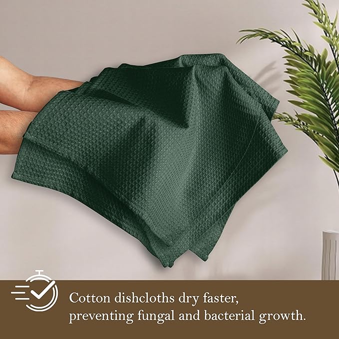 Olive Green Waffle Dishcloths, 12"x12", Durable, Soft, Absorbent, 100% Cotton, Quick Drying, Reusable, Machine Washable, Ideal for Cleaning, Multipurpose Towels, Set of 12
