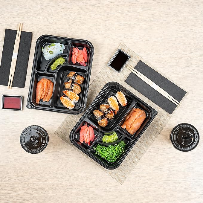 Restaurantware-Bento Tek 26.2 Ounce Meal Prep Containers, 100 Disposable To Go Food Boxes - Lids Sold Separately, 5 Compartments, Black Plastic Bento Lunch Boxes, Microwavable, Freezable