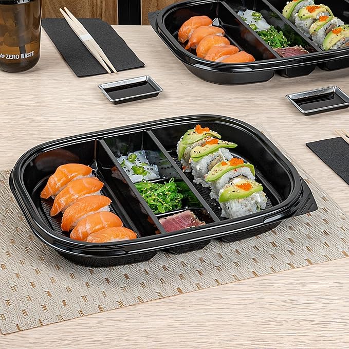 Restaurantware-Bento Tek 50.7 Ounce Meal Prep Containers, 50 Disposable To Go Food Boxes - Lids Sold Separately, 5 Compartments, Black Plastic Bento Lunch Boxes, Freezable, For Take Out