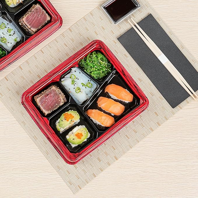 Restaurantware-Bento Tek 18.3 Ounce Meal Prep Containers, 50 Disposable To Go Food Boxes - Lids Sold Separately, 5 Compartments, Red And Black Plastic Bento Lunch Boxes, Freezable, For Take Out