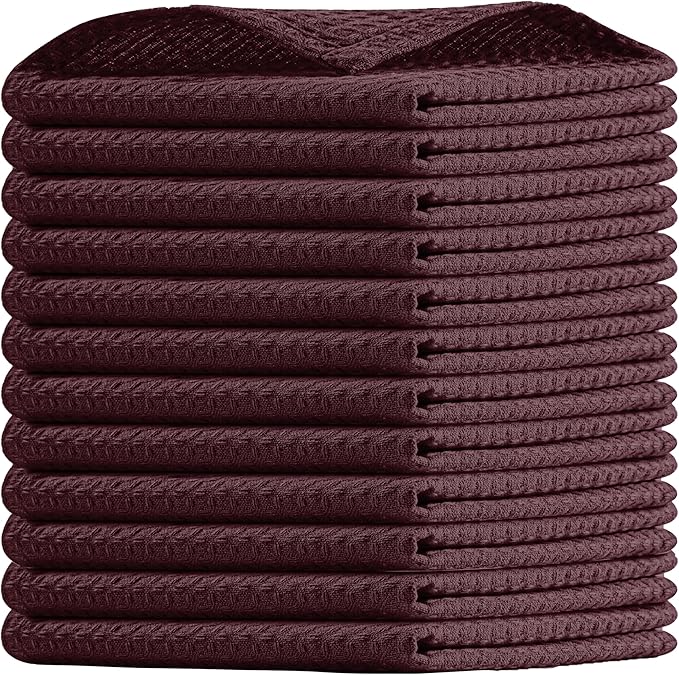 Burgundy Wine Waffle Dishcloths, 12"x12", Soft, Absorbent, and Durable, 100% Cotton, Reusable, Quick Drying, Ideal for Drying Dishes, Cleaning, Multipurpose Use, 12 Pack