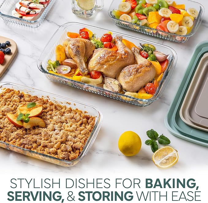COOK WITH COLOR 8 PC. Glass Baking Dish Set with Lids - Deep Casserole Dish, Glass Food Container, Oven, Freezer and Microwave Safe, Clear Container, Fluted Mint