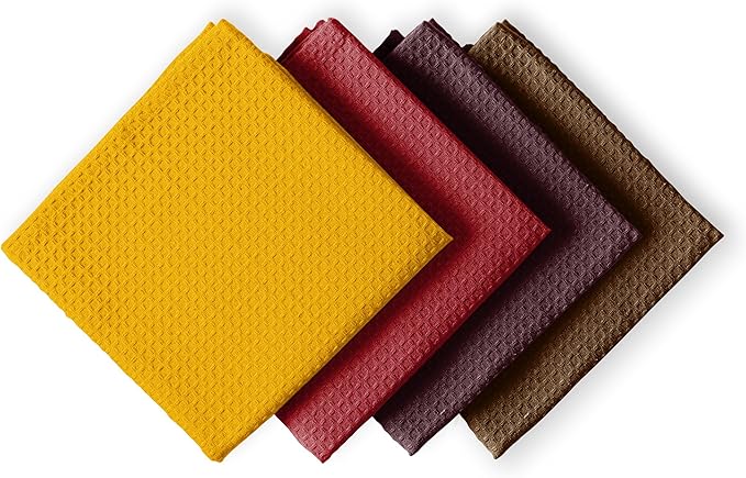 Multicolor Waffle Kitchen Towels, 16"x26", Soft, Absorbent, Durable, Quick Drying, Reusable, 100% Cotton, Ideal for Kitchen Cleaning, Drying Dishes, Set of 4, Brown, Maroon, Red, Yellow