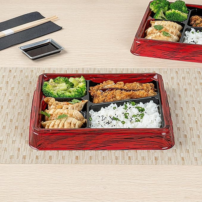 Restaurantware-Bento Tek 18.6 Ounce Meal Prep Containers, 50 Disposable To Go Food Boxes - Lids Sold Separately, 4 Compartments, Red And Black Plastic Bento Lunch Boxes, Freezable, For Take Out