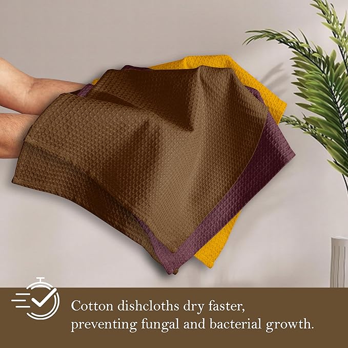 Waffle Dishcloths 12x12 Inches, 12 Pack, Absorbent, Soft, Durable, Reusable, Quick Drying, Machine Washable, 100% Cotton, Ideal for Drying Dishes, Cleaning, Burgundy, Brown, Yellow