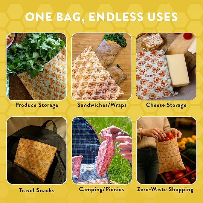 Beeswax Wrap Storage Bag, Reusable Food Storage Bags, Pack of 6, Plastic Free Biodegradable Food Wrap Alternative, Family Pack, 3 Small + 2 Medium + 1 Large, (Orange)