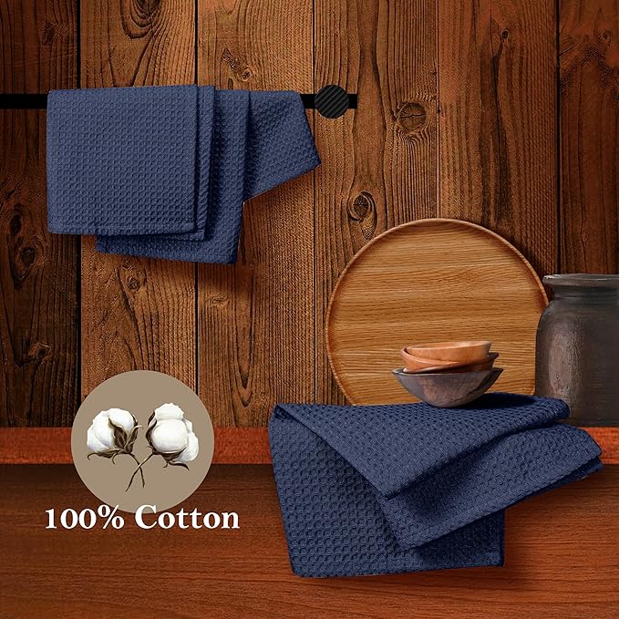 Navy Waffle Dishcloths, 12"x12", Soft, Absorbent, Durable, Quick Drying, 100% Cotton, Reusable, Machine Washable, Ideal for Cleaning, Multipurpose Dish Towels, Set of 12