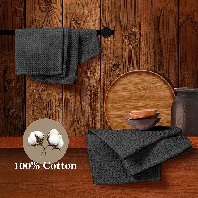 Black Waffle Dishcloths, 12x12 Inch, Absorbent, Soft, and Durable, Quick Drying, Reusable, Machine Washable, 100% Cotton, Perfect for Cleaning, Multipurpose Dish Towels, Set of 12