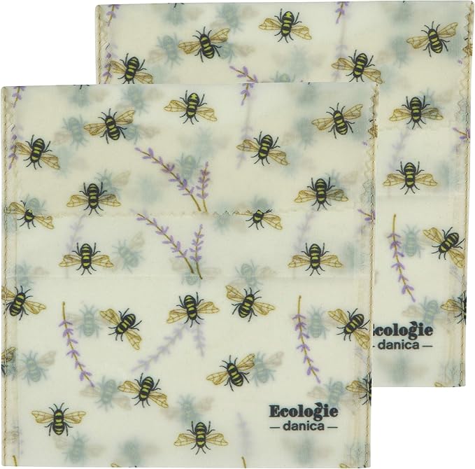 Ecologie by Danica Reusable Beeswax Sandwich Bag Bees, Reusable Food Storage Wrap, W6.5 x L6.5", Set of 2