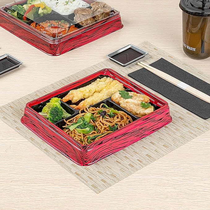 Restaurantware Bento Tek 15.2 Ounce Meal Prep Containers, 50 Disposable To Go Food Boxes - Lids Sold Separately, 4 Compartments, Red And Black Plastic Bento Lunch Boxes, Freezable, For Take Out