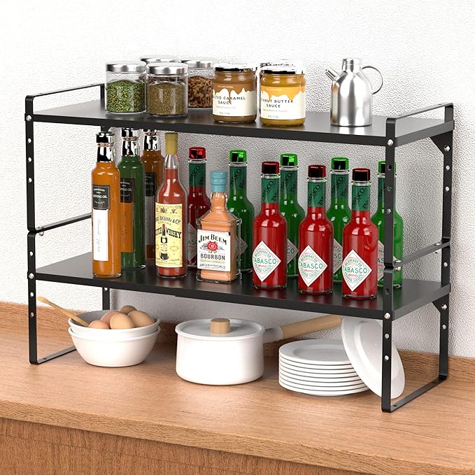 Redrubbit Large Expandable Cabinet Shelf Organizers, Stackable Kitchen Counter Shelves Spice Rack for Kitchen Bathroom Pantry Cupboard Desk Home Office, Black-2 Pack