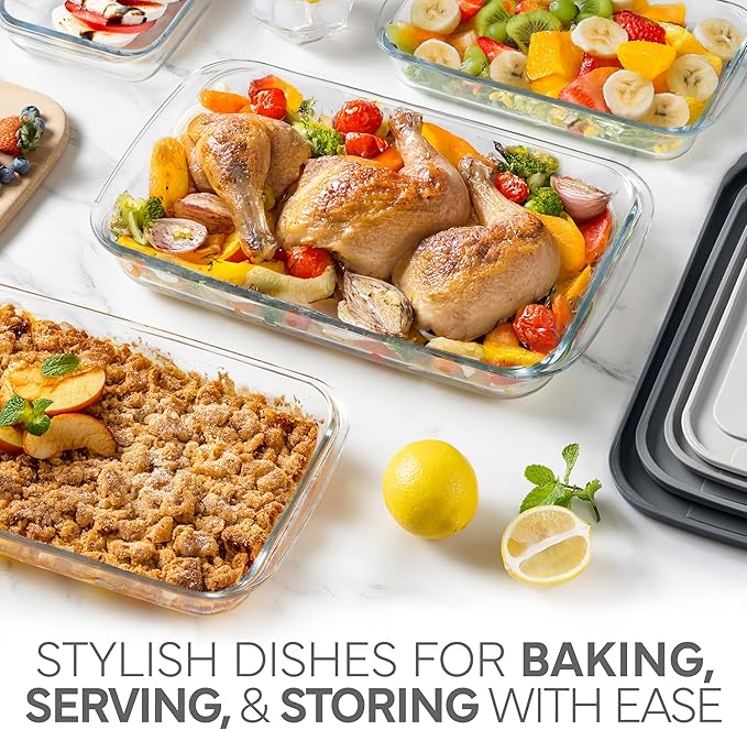 COOK WITH COLOR 8-Piece Deep Glass Baking Dish Set with Plastic Lids – Casserole and Food Storage Containers for Lasagna, Leftovers – Freezer-to-Oven, Microwave & Dishwasher Safe, Grey