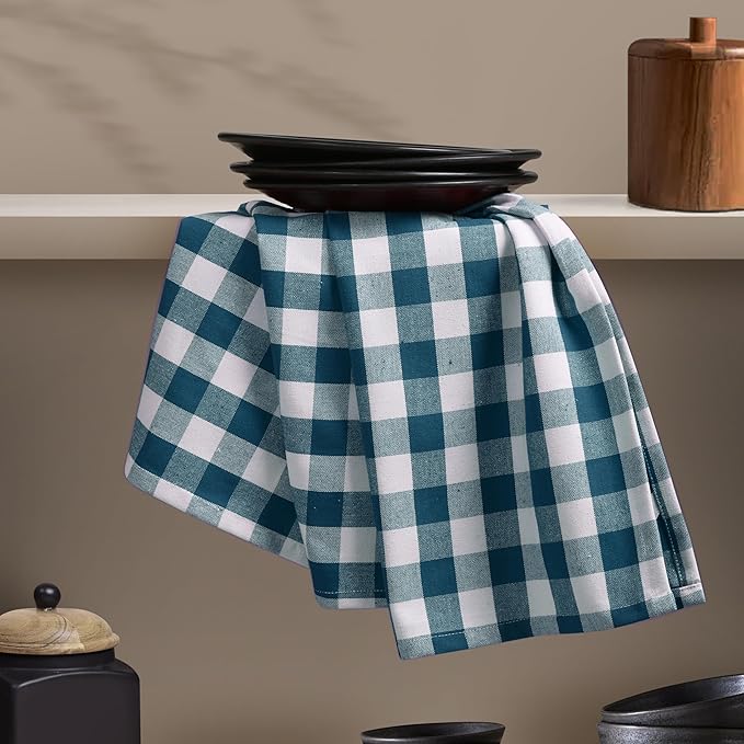 Teal Gingham Kitchen Towels, 18x26 Inches, Soft, Durable, Absorbent, Quick Drying, Washable, 100% Cotton, Checked Towels for Drying Dishes, Drying Hands, and Cleaning