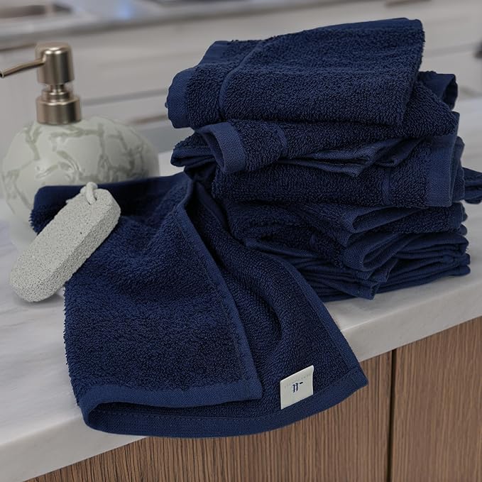 Tens Towels Pack of 12 Washcloths, 12 x 12 Inches, Lighter Weight, Quick to Dry, Super Soft & Absorbent, Gentle Face Towels, Hotel Quality, Perfect for Bathroom, Gym, Spa (Navy, 12 Pack)