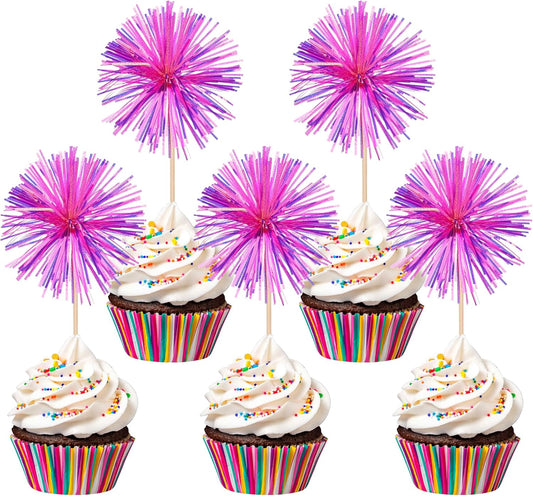 30 PCS Foil Firework Cupcake Toppers Happy Birthday Cupcake Toppers Sparkle Tinsel Flower Drink Stirrers Cocktail Fruit Toothpicks for Valentine's Day Baby Shower Party Cake Decor Supplies Rose Red