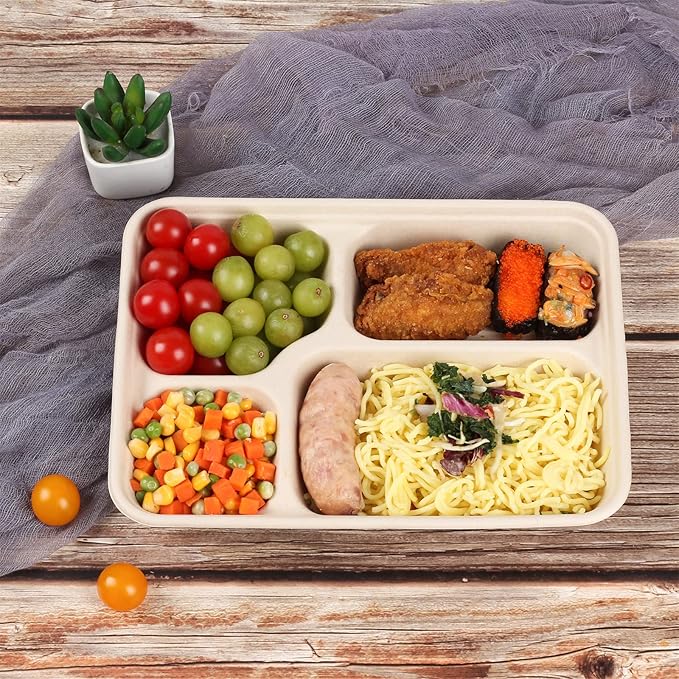 40 oz 4 Compartments disposable Sugarcane Fiber plates with Lids Bagasse Plant Fibers Freezer Safe 25 Pack
