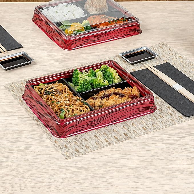 Restaurantware-Bento Tek 16.1 Ounce Meal Prep Containers, 100 Disposable To Go Food Boxes - Lids Sold Separately, 3 Compartments, Red And Black Plastic Bento Lunch Boxes, Freezable, For Take Out