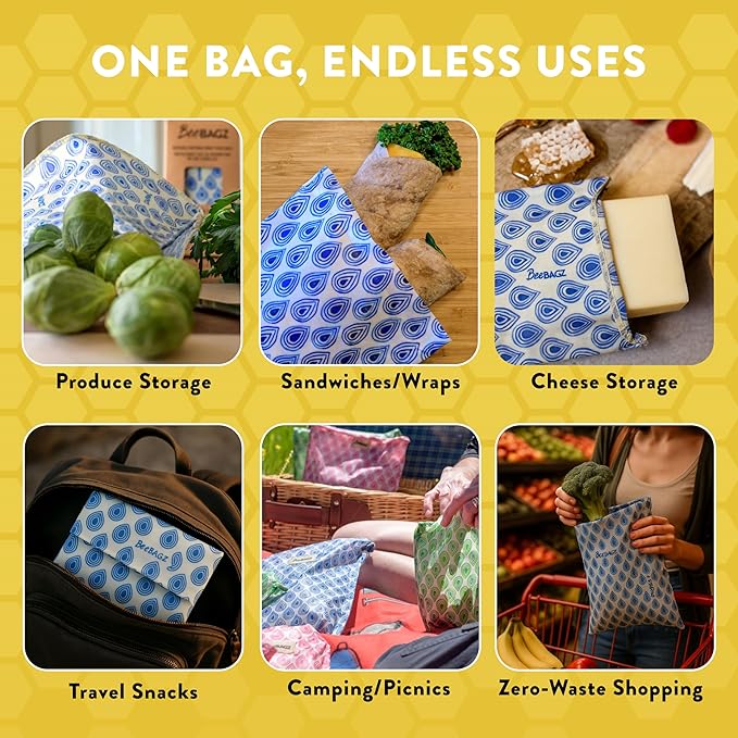 Beeswax Wrap Storage Bag, Reusable Food Storage Bags, Pack of 6, Plastic Free Biodegradable Food Wrap Alternative, Family Pack, 3 Small + 2 Medium + 1 Large, (Blue)