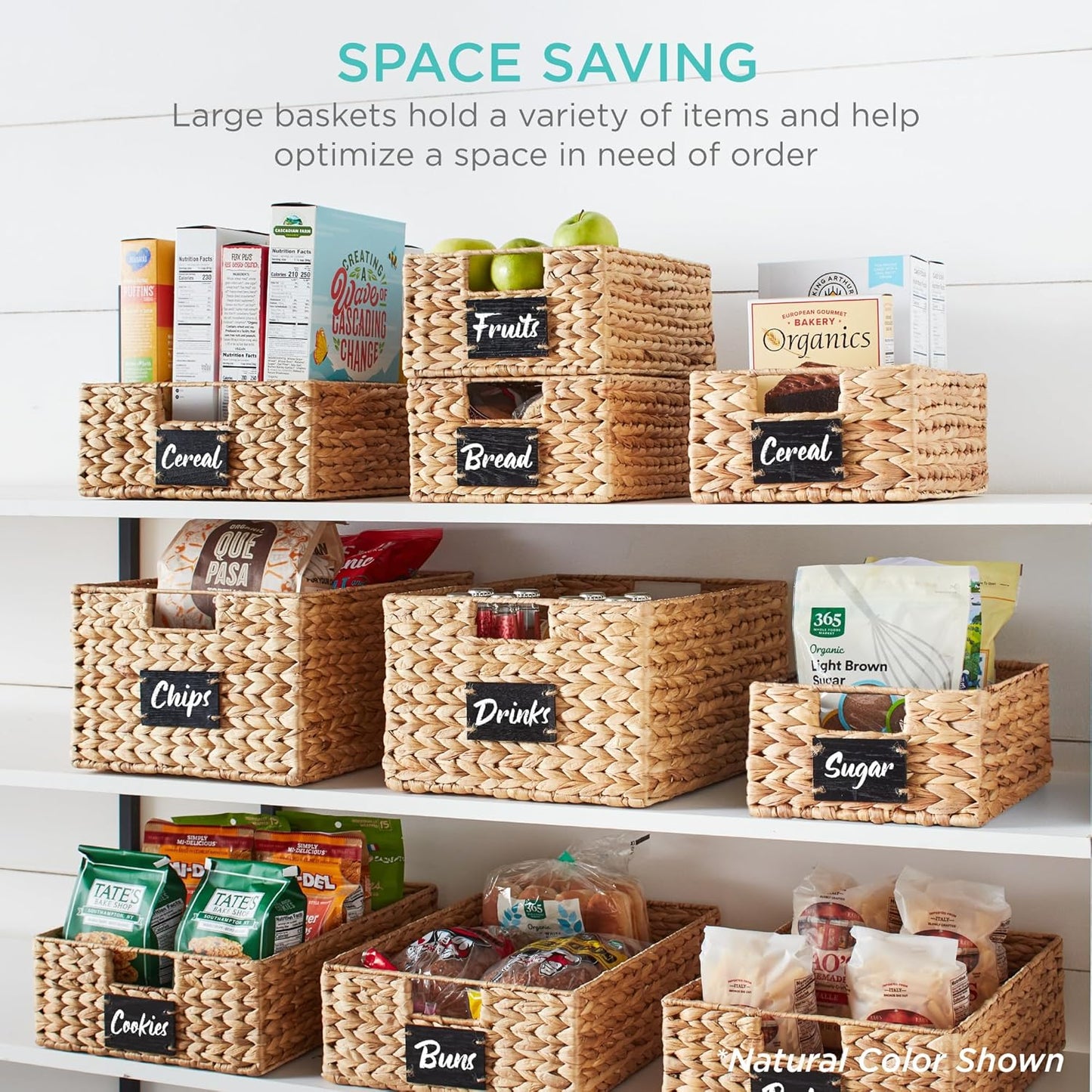 Best Choice Products Pantry Baskets Set of 2 16x12in Water Hyacinth Storage Baskets, Woven Wicker Organizers with handles w/Chalkboard Label Chalk Marker - Black