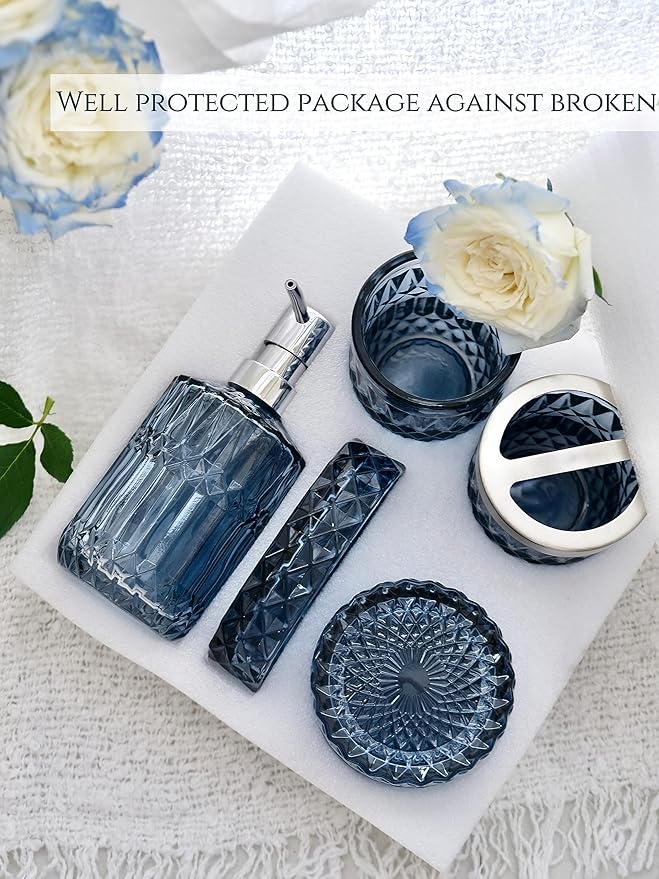 Blue Bathroom Accessories Set, 5Pcs Clear Glass Bathroom Accessories, Hand Soap Dispenser, Soap Dish, Toothbrush Holder Set, Qtips Holder for Crystal Vantage Bath Countertop Decor, Gift Set