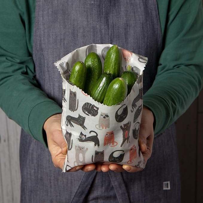 Ecologie by Danica Reusable Beeswax Sandwich Bag Cats, Reusable Food Storage Wrap, W6.5 x L6.5", Set of 2