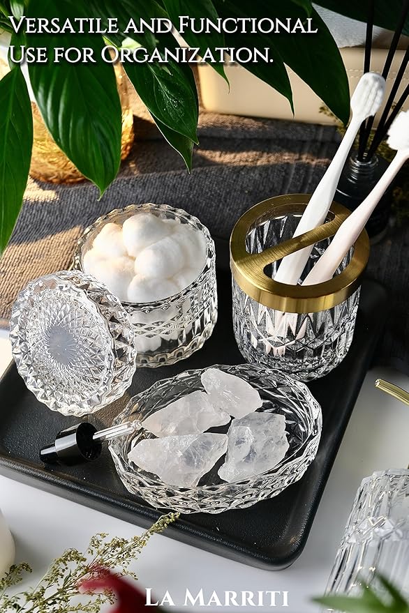 Glass Bathroom Accessories Set, 5pcs Crystal Clear Bathroom Accessories, Toothbrush Holder Set, Lotion Dispenser, Soap Dish, Tumbler, Qtips Holder, Vintage Bathroom Decor